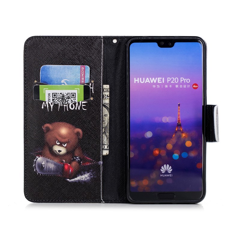 Pattern Printing PU Leather Wallet Stand Mobile Shell for Huawei P20 Pro - Brown Bear and Warning Words-8