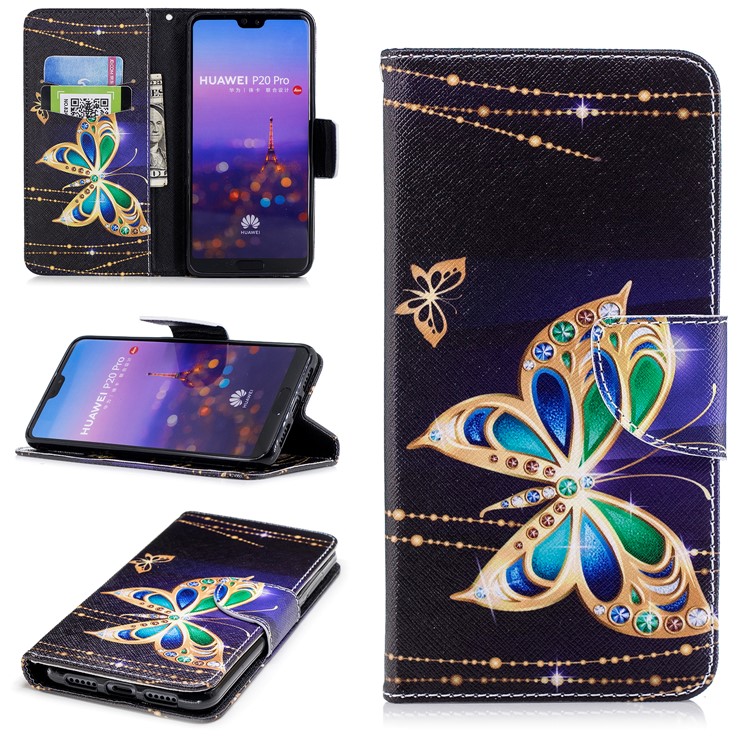 Pattern Printing Wallet Leather Cover with Stand for Huawei P20 Pro - Butterfly with Diamond-1