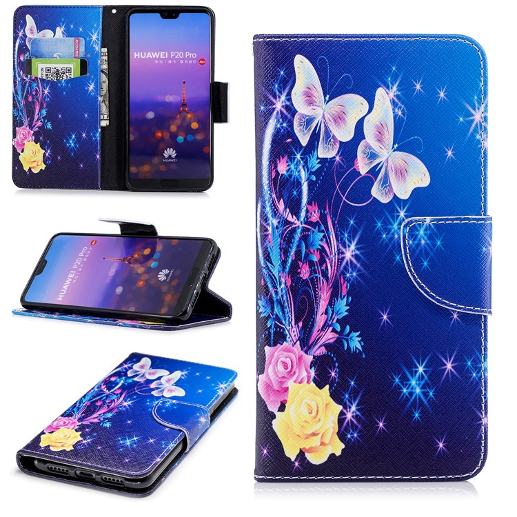 Pattern Printing PU Leather Wallet Stand Phone Case for Huawei P20 Pro - Roses and Butterflies-1