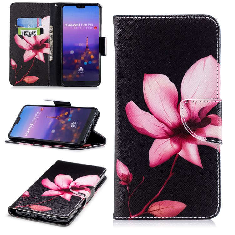 Pattern Printing Folio Flip Leather Protection Mobile Phone Case for Huawei P20 Pro - Flower Pattern-1
