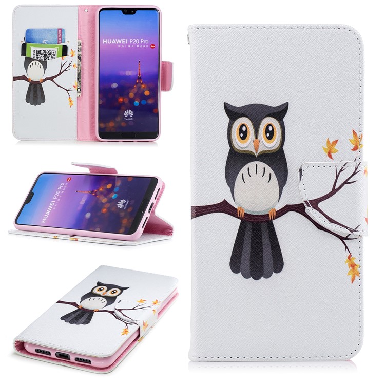 Pattern Printing Stand Leather Wallet Cell Phone Cover for Huawei P20 Pro - An Owl Standing on Branch-1