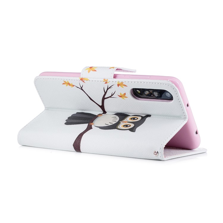 Pattern Printing Stand Leather Wallet Cell Phone Cover for Huawei P20 Pro - An Owl Standing on Branch-4