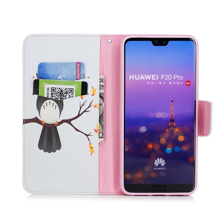 Pattern Printing Stand Leather Wallet Cell Phone Cover for Huawei P20 Pro - An Owl Standing on Branch-8