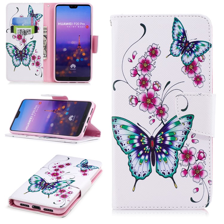 Pattern Printing Wallet Leather Mobile Shell Case for Huawei P20 Pro - Butterflies and Flowers-1