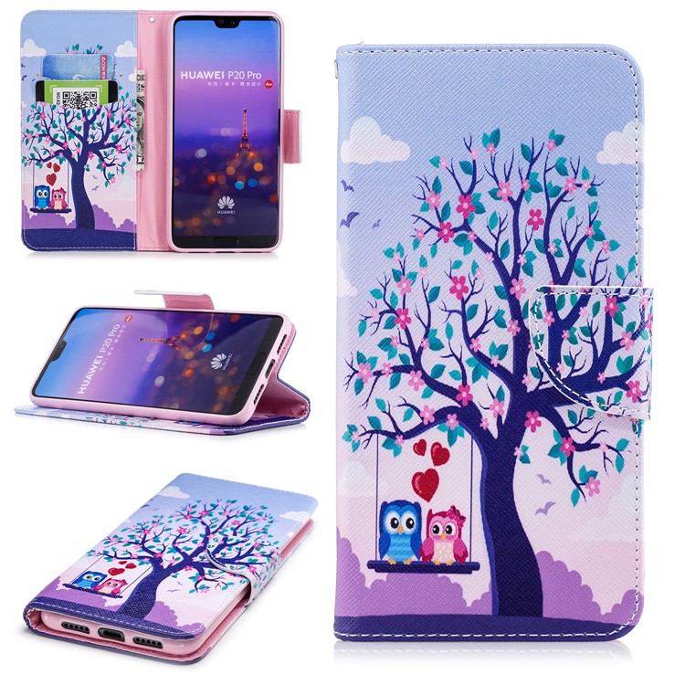 Pattern Printing Card Holder Leather Phone Casing for Huawei P20 Pro - Two Swinging Owls-1