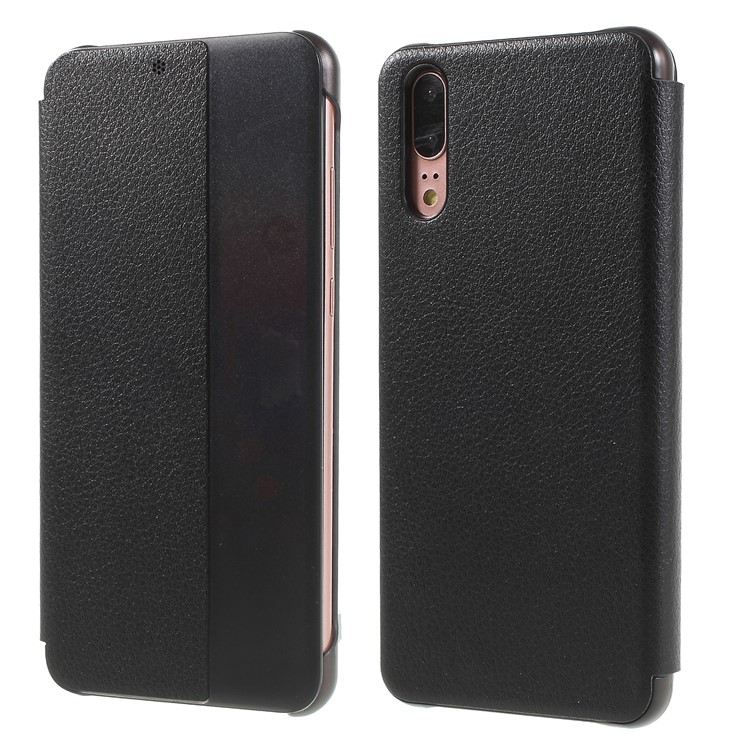 View Window Auto Wake up/Sleep Litchi Skin Textured Leather Case for Huawei P20 - Black-1