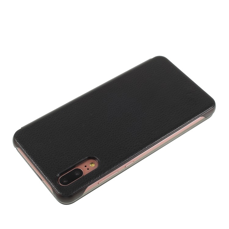View Window Auto Wake up/Sleep Litchi Skin Textured Leather Case for Huawei P20 - Black-3