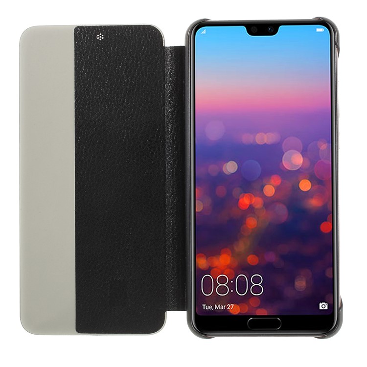 View Window Auto Wake up/Sleep Litchi Skin Textured Leather Case for Huawei P20 - Black-4