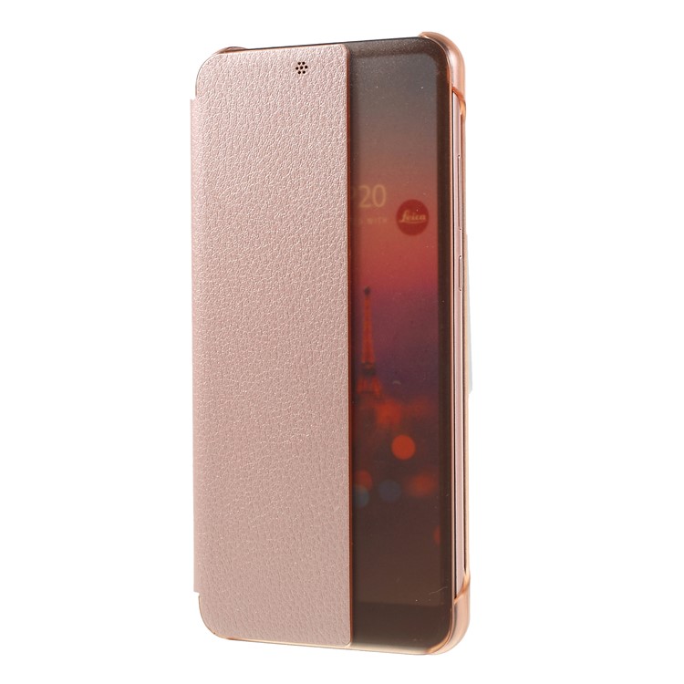 View Window Auto Wake up/Sleep Litchi Skin Textured Leather Casing for Huawei P20 - Rose Gold-1