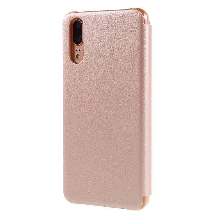 View Window Auto Wake up/Sleep Litchi Skin Textured Leather Casing for Huawei P20 - Rose Gold-2
