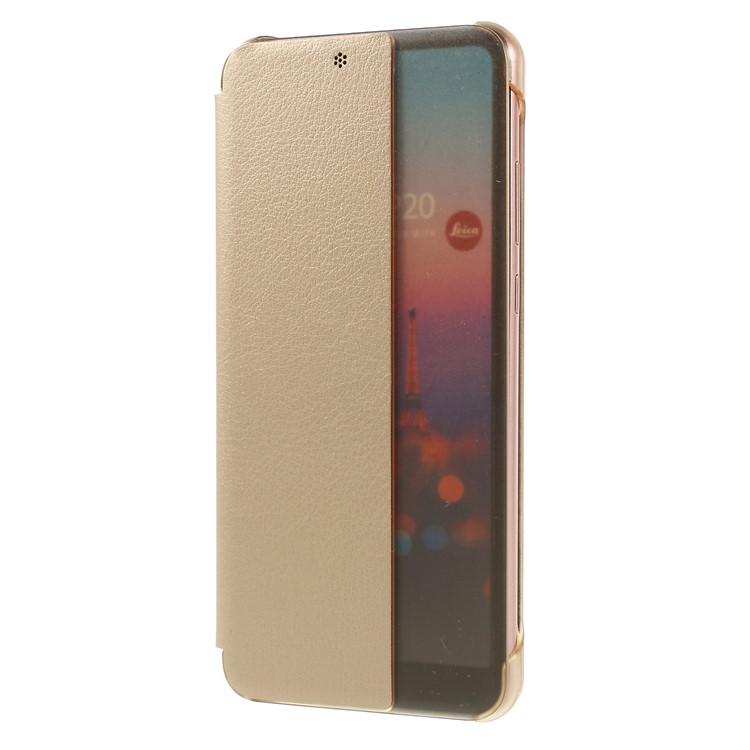 View Window Auto Wake up/Sleep Litchi Skin Textured Leather Case Cover for Huawei P20 - Gold-1