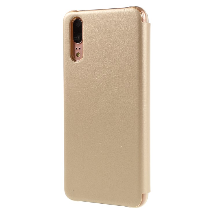 View Window Auto Wake up/Sleep Litchi Skin Textured Leather Case Cover for Huawei P20 - Gold-2