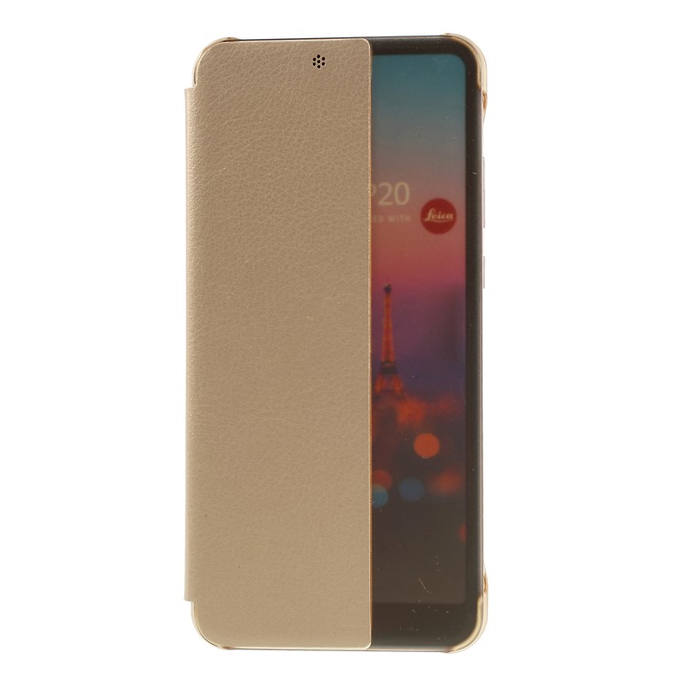 View Window Auto Wake up/Sleep Litchi Skin Textured Leather Case Cover for Huawei P20 - Gold-3