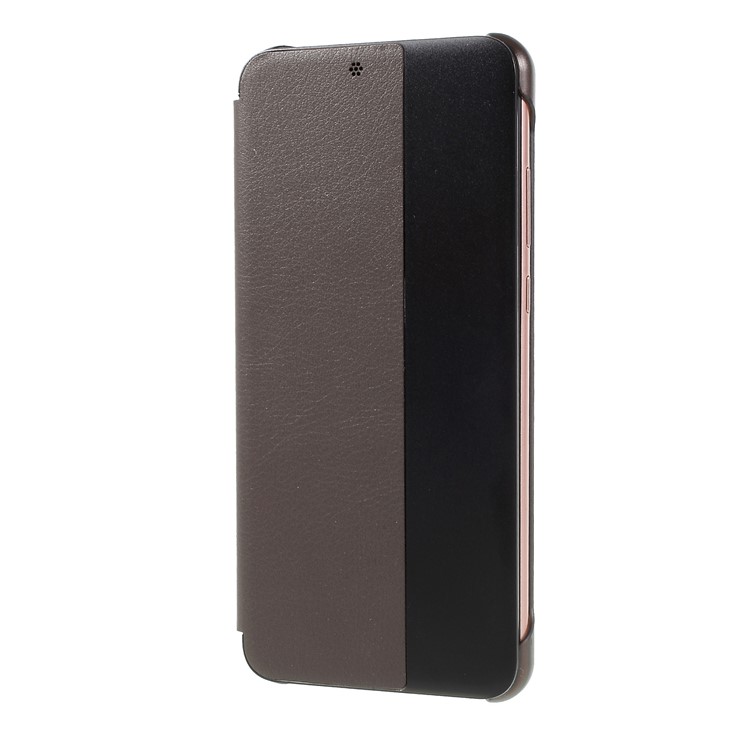 View Window Auto Wake up/Sleep Litchi Skin Textured Leather Shell for Huawei P20 - Brown-1