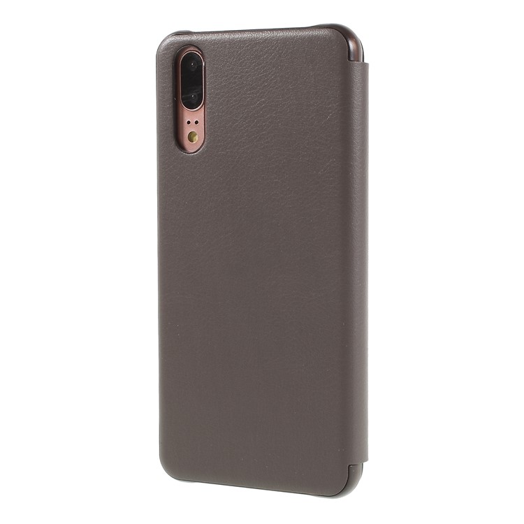 View Window Auto Wake up/Sleep Litchi Skin Textured Leather Shell for Huawei P20 - Brown-2