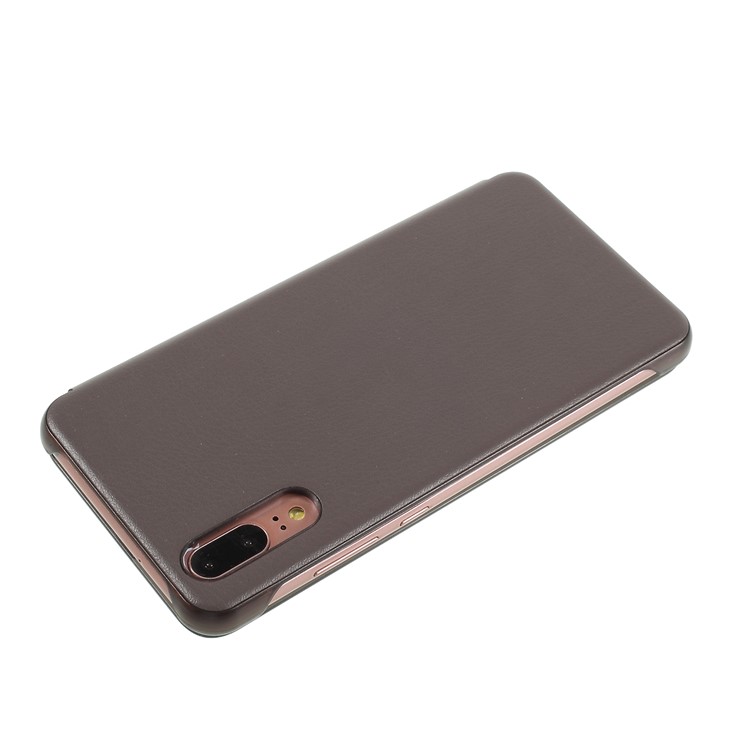 View Window Auto Wake up/Sleep Litchi Skin Textured Leather Shell for Huawei P20 - Brown-4