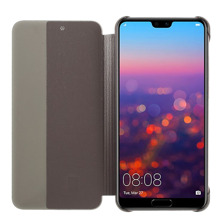 View Window Auto Wake up/Sleep Litchi Skin Textured Leather Shell for Huawei P20 - Brown-5