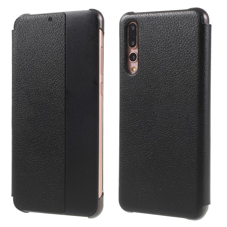 View Window Auto Wake up/Sleep Litchi Skin Textured Leather Shell for Huawei P20 Pro - Black-1