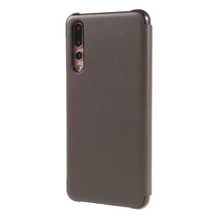 View Window Auto Wake up/Sleep Litchi Skin Textured Leather Casing Shell for Huawei P20 Pro - Brown-2