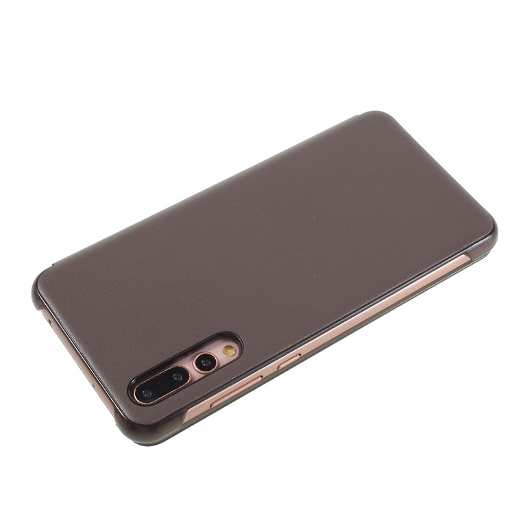 View Window Auto Wake up/Sleep Litchi Skin Textured Leather Casing Shell for Huawei P20 Pro - Brown-4