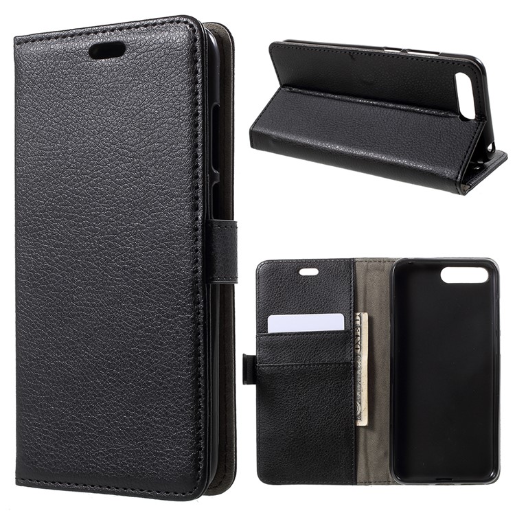 Litchi Skin PU Leather Wallet Stand Phone Case for Huawei Y6 (2018)/Honor 7A (without Fingerprint Sensor) - Black-1