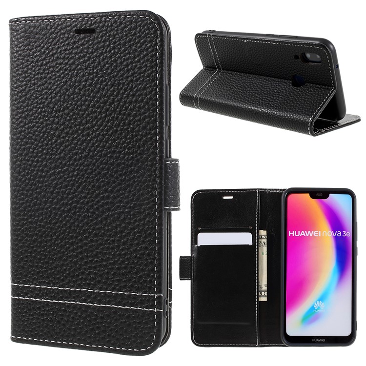 Litchi Texture PU Leather Wallet Phone Case with Stand for Huawei P20 Lite / Nova 3e - Black-1