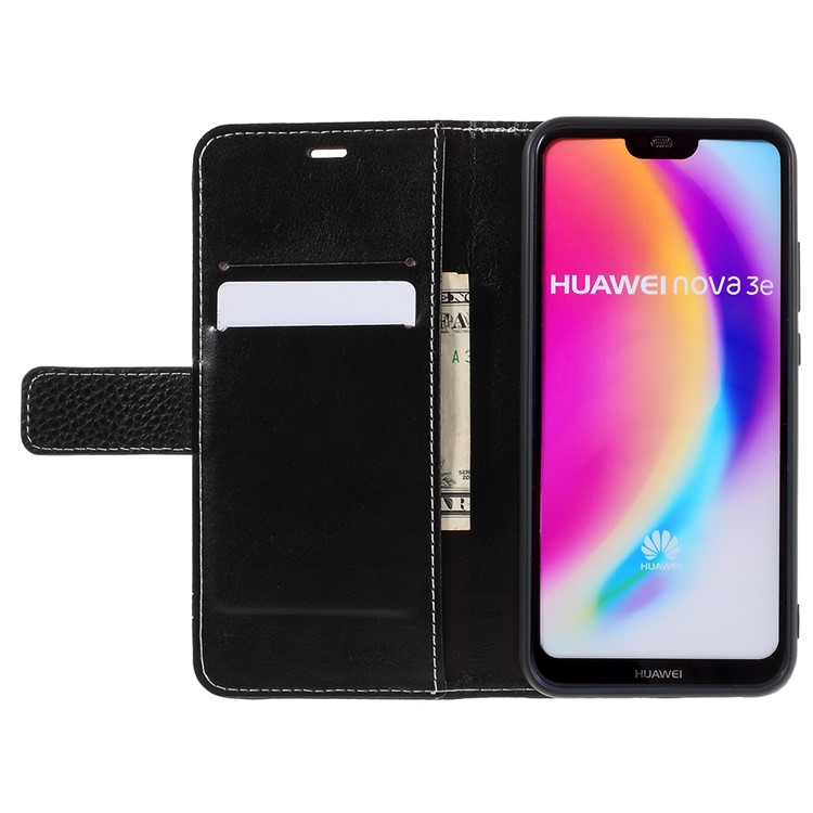 Litchi Texture PU Leather Wallet Phone Case with Stand for Huawei P20 Lite / Nova 3e - Black-6