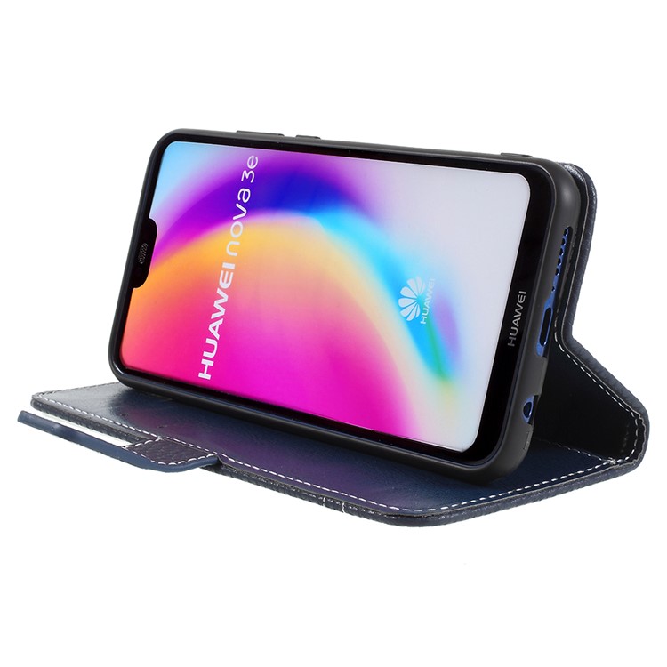 Litchi Texture PU Leather Wallet Phone Casing Cover with Stand for Huawei P20 Lite / Nova 3e - Dark Blue-4