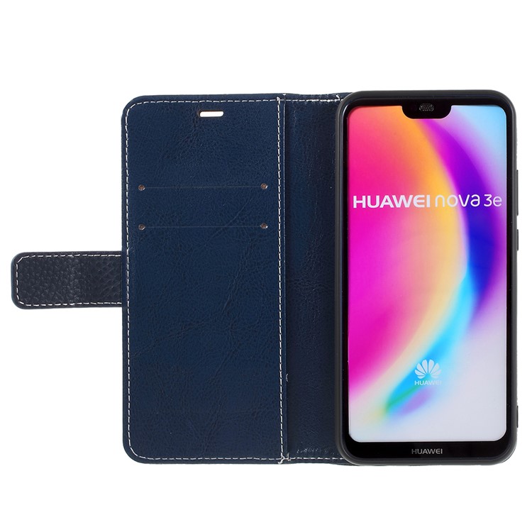 Litchi Texture PU Leather Wallet Phone Casing Cover with Stand for Huawei P20 Lite / Nova 3e - Dark Blue-6