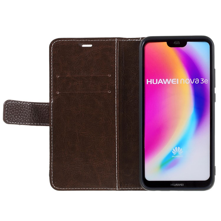 Litchi Texture PU Leather Wallet Phone Cover with Stand for Huawei P20 Lite / Nova 3e - Coffee-6