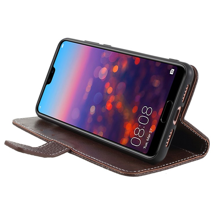 For Huawei P20 Litchi Grain Leather Wallet Stand Mobile Magnetic Cover Accessory - Coffee-4