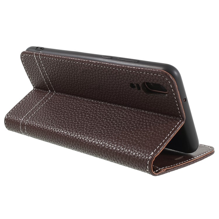 For Huawei P20 Litchi Grain Leather Wallet Stand Mobile Magnetic Cover Accessory - Coffee-5