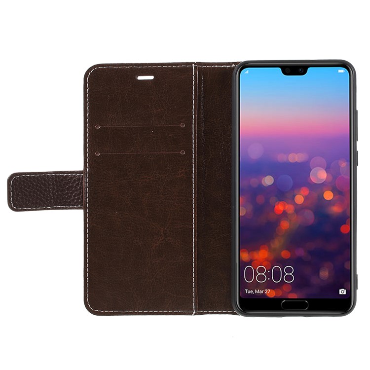 For Huawei P20 Litchi Grain Leather Wallet Stand Mobile Magnetic Cover Accessory - Coffee-6