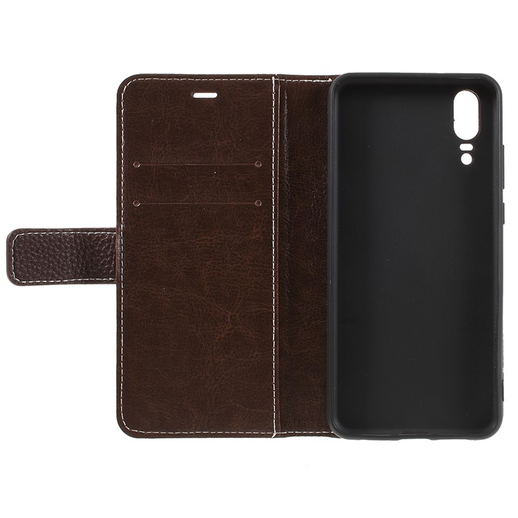 For Huawei P20 Litchi Grain Leather Wallet Stand Mobile Magnetic Cover Accessory - Coffee-7