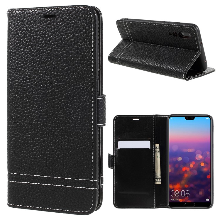 Litchi Texture Wallet Stand Leather Phone Case for Huawei P20 Pro - Black-1
