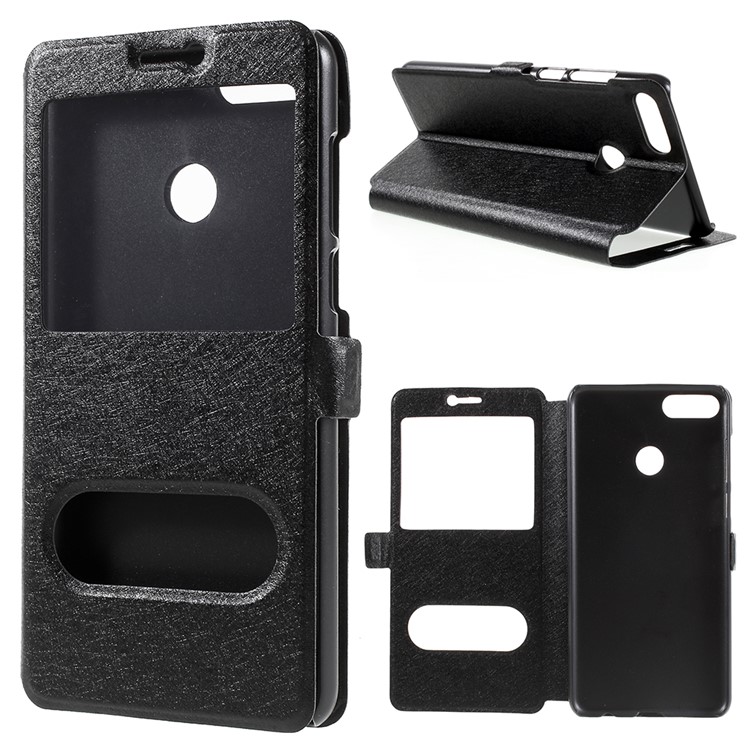 For Huawei Enjoy 8 Plus/Y9 (2018) Silk Texture Dual Window Leather Stand Protective Casing - Black-1