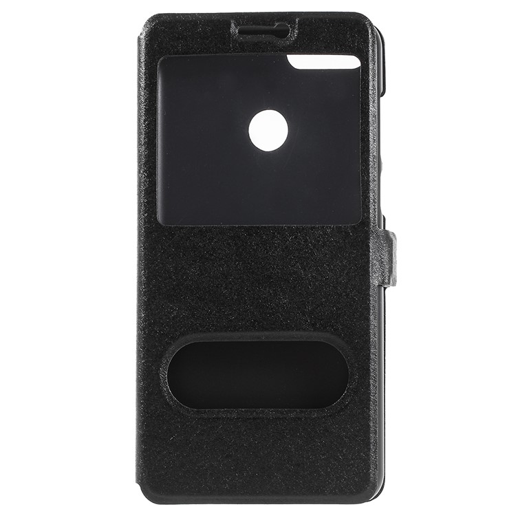For Huawei Enjoy 8 Plus/Y9 (2018) Silk Texture Dual Window Leather Stand Protective Casing - Black-3