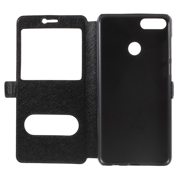 For Huawei Enjoy 8 Plus/Y9 (2018) Silk Texture Dual Window Leather Stand Protective Casing - Black-6