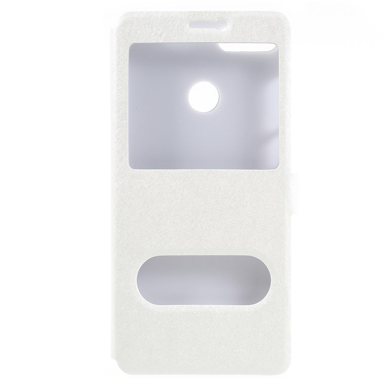 For Huawei Enjoy 8 Plus/Y9 (2018) Silk Texture Dual Window Leather Stand Protective Casing Cover - White-1