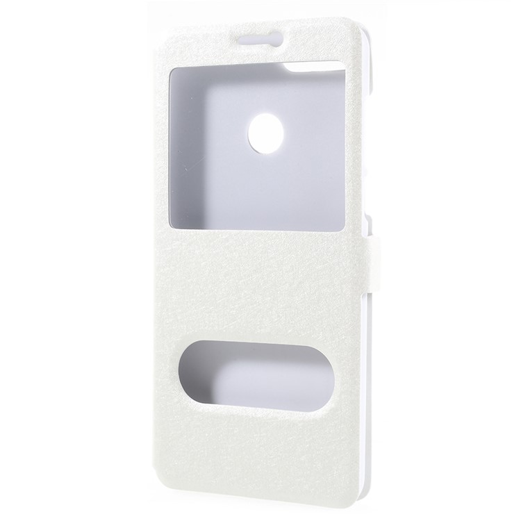 For Huawei Enjoy 8 Plus/Y9 (2018) Silk Texture Dual Window Leather Stand Protective Casing Cover - White-2