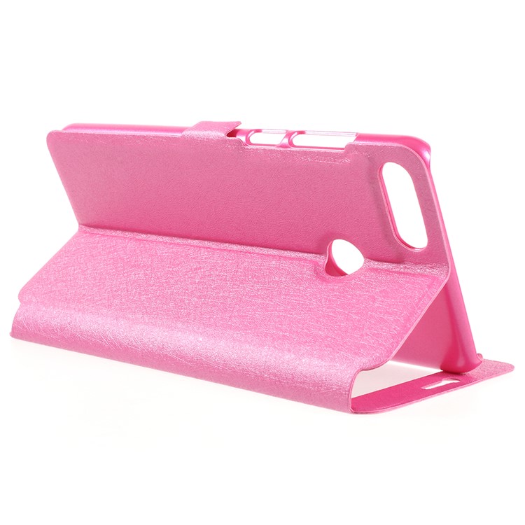 For Huawei Enjoy 8 Plus/Y9 (2018) Silk Texture Dual Window Leather Stand Protective Shell - Rose-5