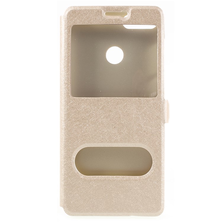 For Huawei Enjoy 8 Plus/Y9 (2018) Silk Texture Dual Window Leather Stand Protective Cover - Gold-1