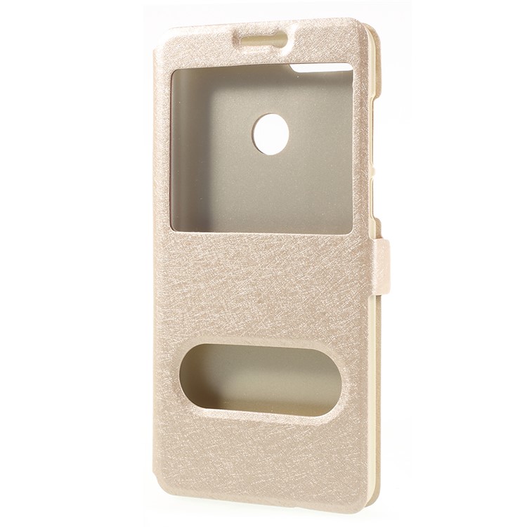 For Huawei Enjoy 8 Plus/Y9 (2018) Silk Texture Dual Window Leather Stand Protective Cover - Gold-2