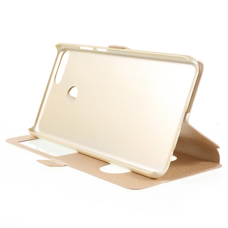For Huawei Enjoy 8 Plus/Y9 (2018) Silk Texture Dual Window Leather Stand Protective Cover - Gold-4