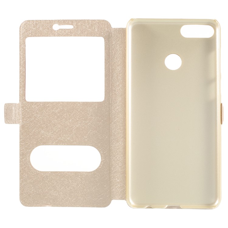 For Huawei Enjoy 8 Plus/Y9 (2018) Silk Texture Dual Window Leather Stand Protective Cover - Gold-6