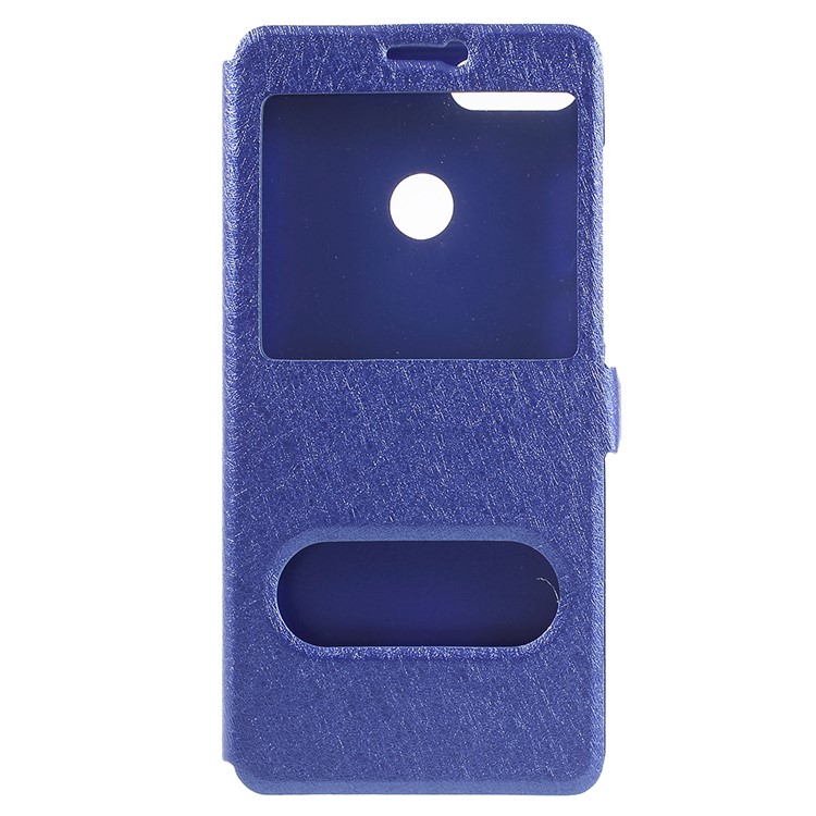 For Huawei Enjoy 8 Plus/Y9 (2018) Silk Texture Dual Window Leather Stand Phone Case Cover - Blue-1