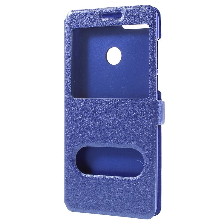 For Huawei Enjoy 8 Plus/Y9 (2018) Silk Texture Dual Window Leather Stand Phone Case Cover - Blue-2