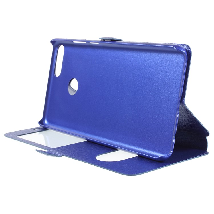 For Huawei Enjoy 8 Plus/Y9 (2018) Silk Texture Dual Window Leather Stand Phone Case Cover - Blue-4