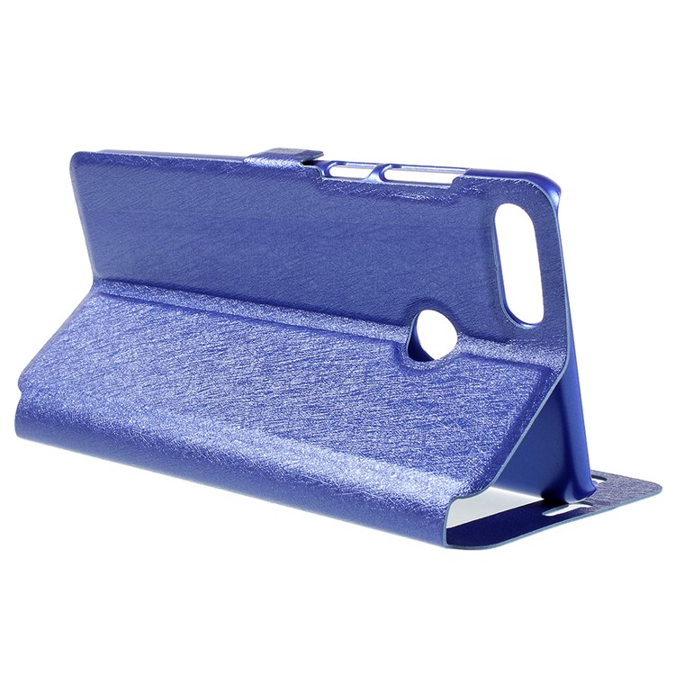 For Huawei Enjoy 8 Plus/Y9 (2018) Silk Texture Dual Window Leather Stand Phone Case Cover - Blue-5