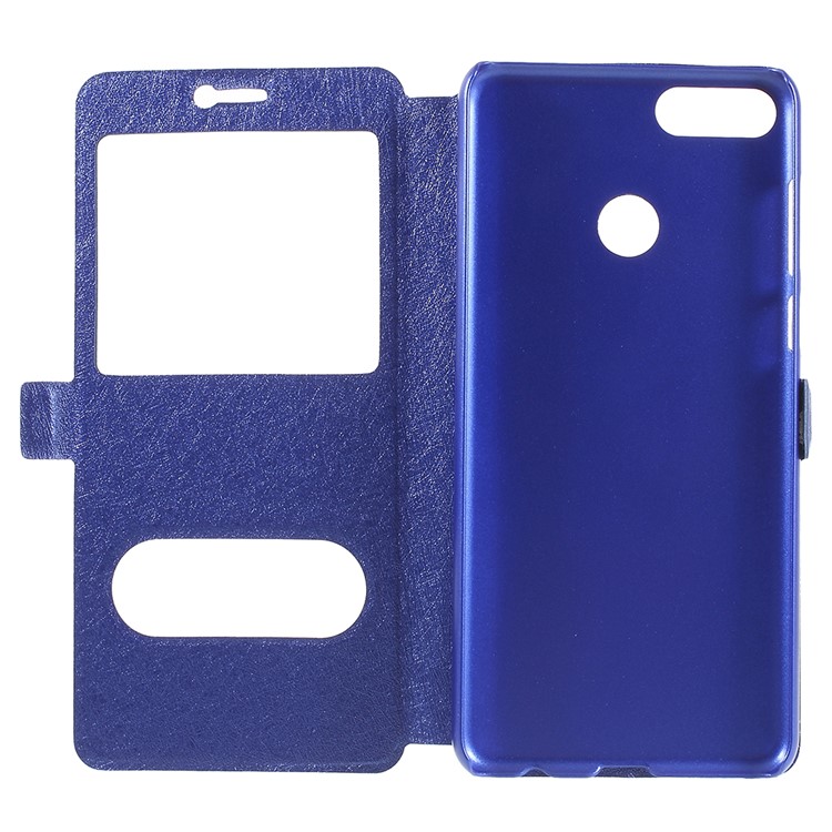 For Huawei Enjoy 8 Plus/Y9 (2018) Silk Texture Dual Window Leather Stand Phone Case Cover - Blue-6